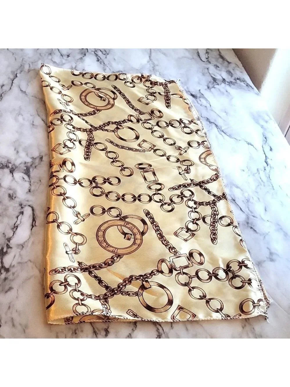 Vintage Style Chain Print Square Scarf Beige and Brown Elegant Satin Neckerchief